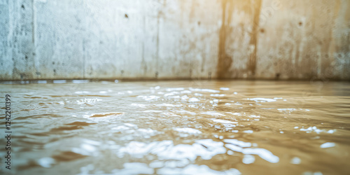 Flooded basement with standing water, beams, concrete walls, water damage consequences.