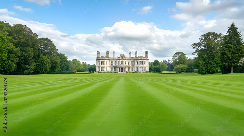 Obraz premium Elegant country house estate, manicured lawns, blue sky, summer day, idyllic setting; perfect for real estate, travel brochures