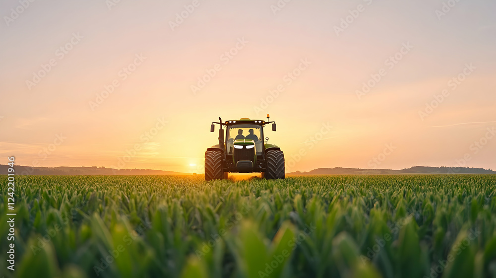 Fototapeta premium Farmers driving tractor across field at sunset. Agricultural work, rural landscape background. Ideal for farming, agriculture, and rural life content