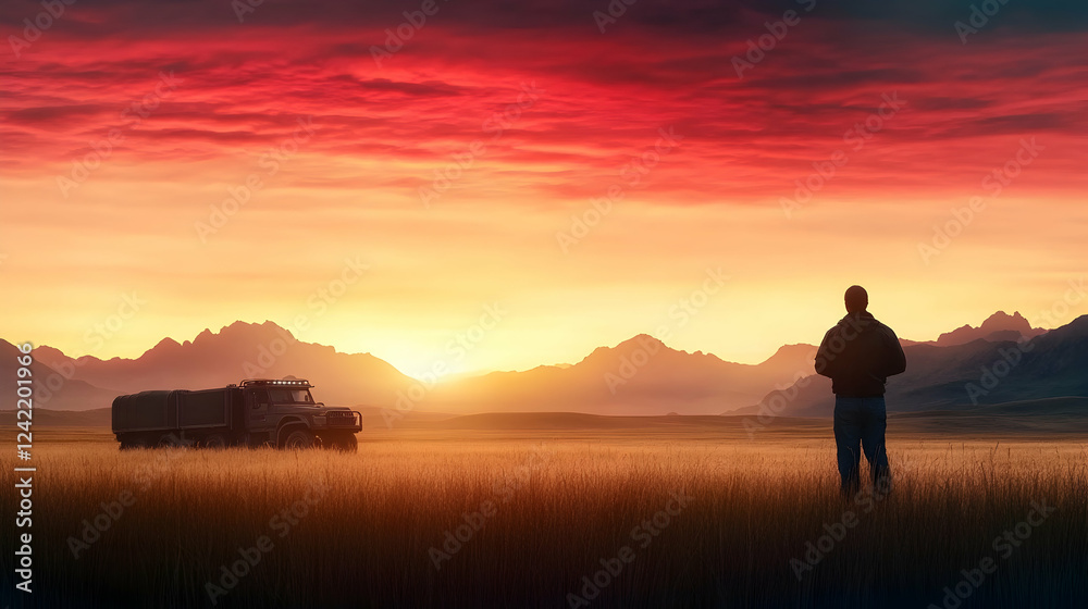 Farmer silhouetted at sunrise, truck in field, mountain backdrop; agriculture, landscape Farmer silhouetted at sunrise, truck in field, mountain backdrop; agriculture, landscape