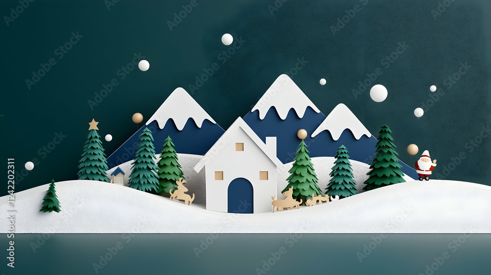 Naklejka premium Festive winter scene Santa, reindeer, and cozy house nestled in snowy mountains. Ideal for holiday cards or website banners