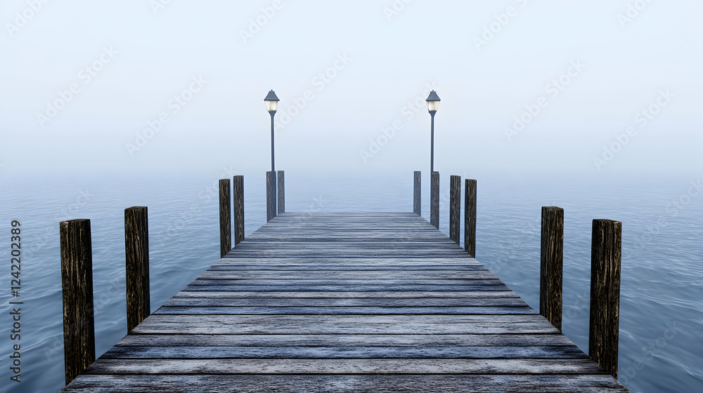 Naklejka premium Foggy pier extending into calm water, two lamps on either side, misty background. Perfect for travel or tranquility themes