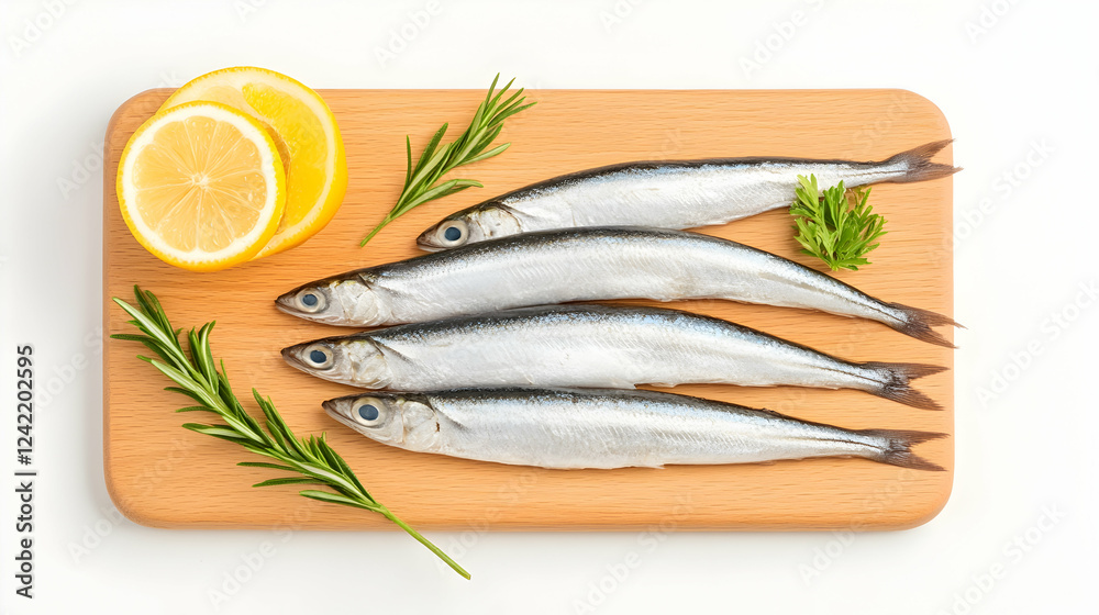 Fresh sardines, lemon, rosemary, parsley on wooden board, white background. Food photography for recipe blogs, websites, cookbooks Fresh sardines, lemon, rosemary, parsley on wooden board, white background. Food photography for recipe blogs, websites, cookbooks