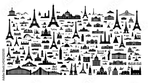 A collection of stylized black icon graphics on a clean white background depicting different types of architectural buildings and structures such as bridges towers and traditional homes in a modern