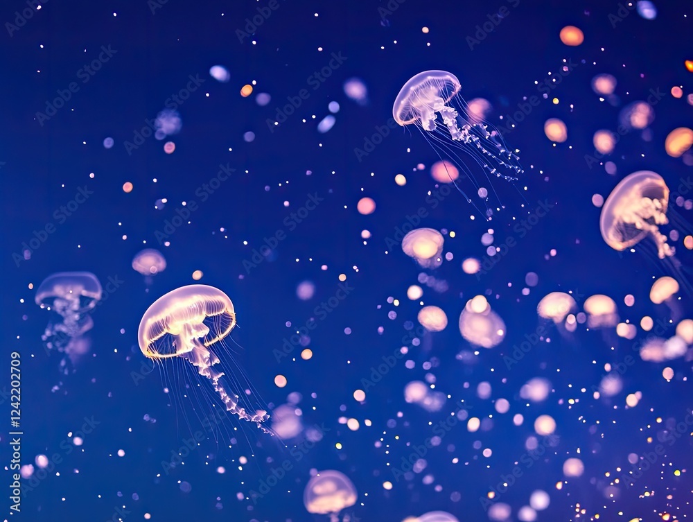 Naklejka premium A mesmerizing ballet of jellyfish dancing through the deep blue ocean space