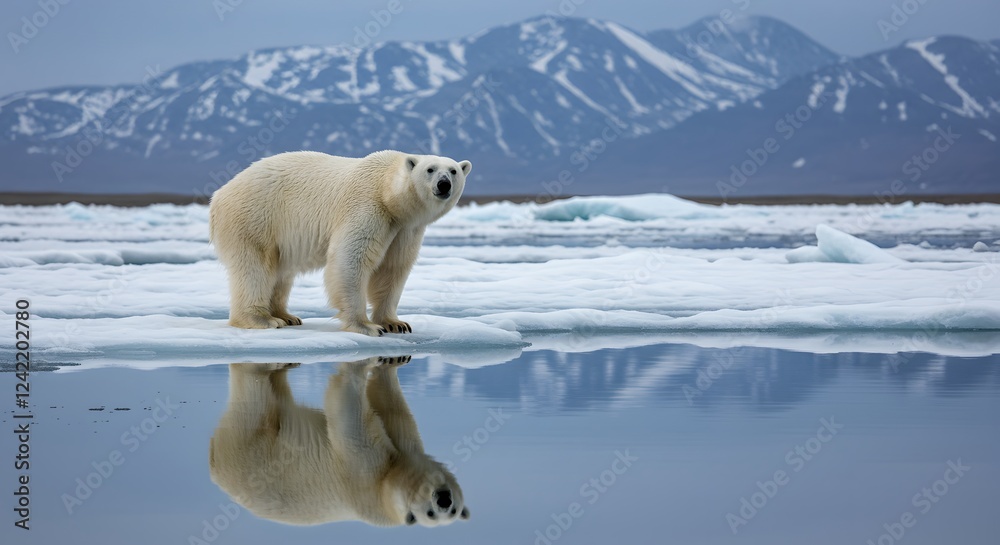 Polar bear stands on ice with mountains in the background. Polar bear stands on ice with mountains in the background.