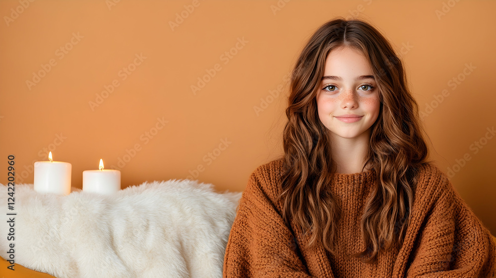 Girl smiling, autumn sweater, candles background, cozy home setting; perfect for lifestyle blogs Girl smiling, autumn sweater, candles background, cozy home setting; perfect for lifestyle blogs