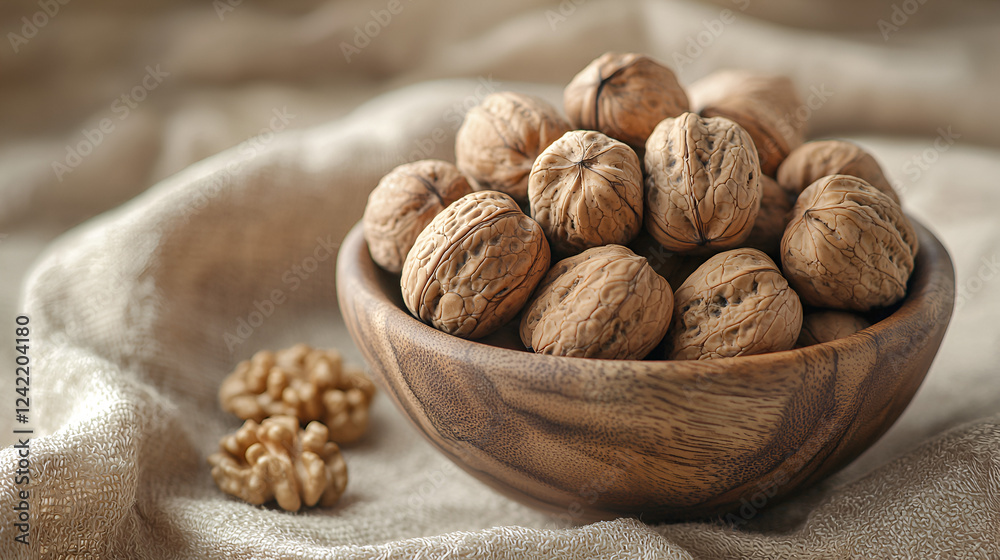 A wooden bowl overflowing with walnuts sits on a linen cloth. A few more walnuts are scattered nearby. A wooden bowl overflowing with walnuts sits on a linen cloth. A few more walnuts are scattered nearby.