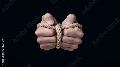 Hands tightly gripping a rope knot against a dark background; struggle, constraint, limitation concept