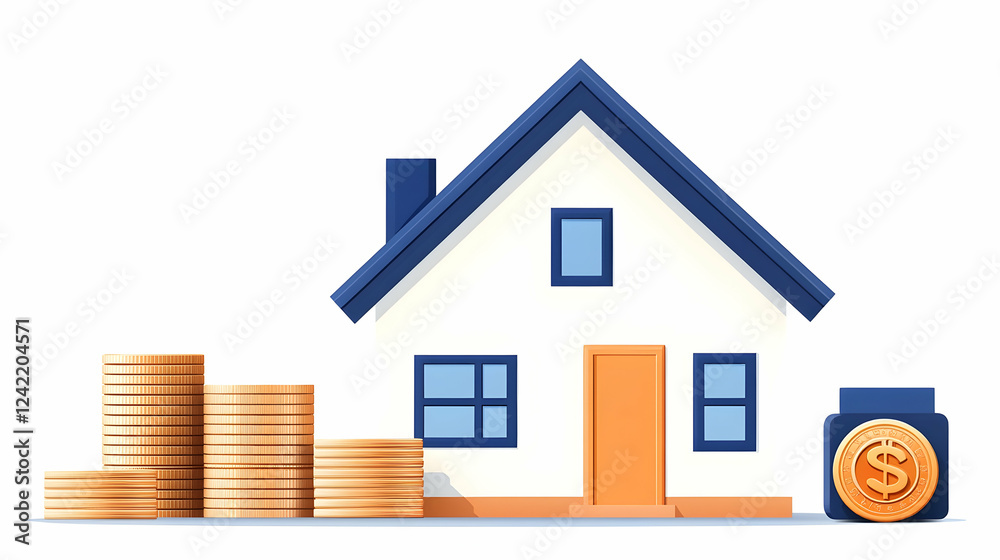 House purchase savings; increasing coin stacks illustrate growing funds for a home; white background; ideal for financial, real estate websites House purchase savings; increasing coin stacks illustrate growing funds for a home; white background; ideal for financial, real estate websites