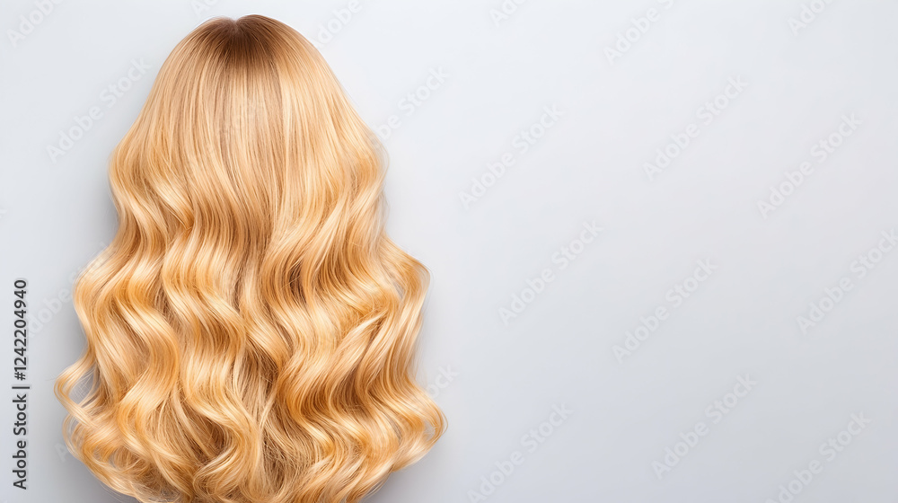 Fototapeta premium Long blonde wavy hair on gray background, beauty salon advertisement