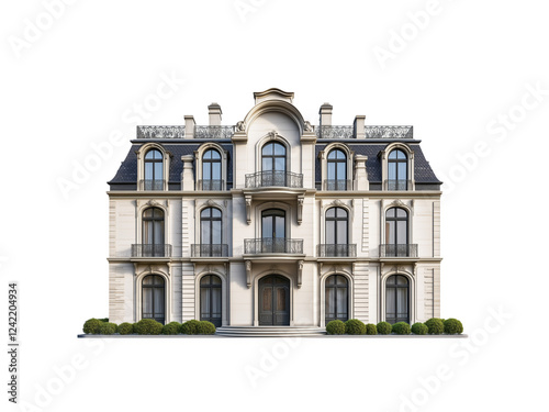 A detailed, elegant multi-story building showcasing classical architecture with large windows and decorative elements.