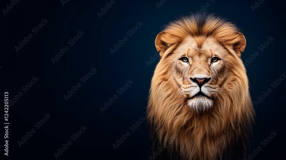 Fototapeta premium Majestic lion portrait against dark background; wildlife photography for power, strength, leadership themes