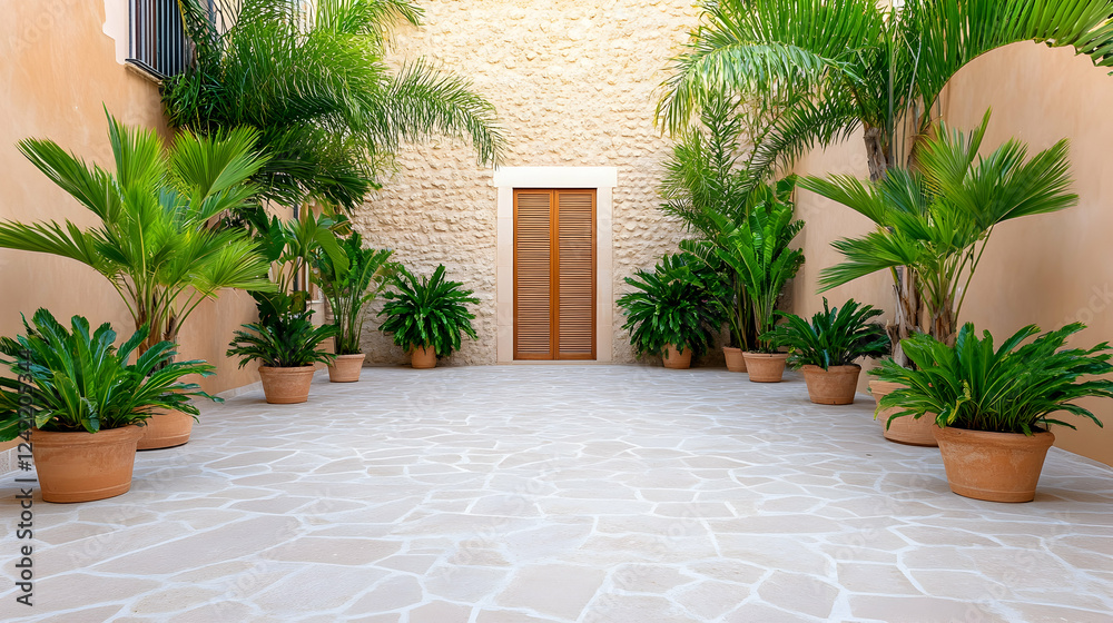 Fototapeta premium Mediterranean courtyard, potted plants, stone patio, tranquil scene, ideal for travel brochure