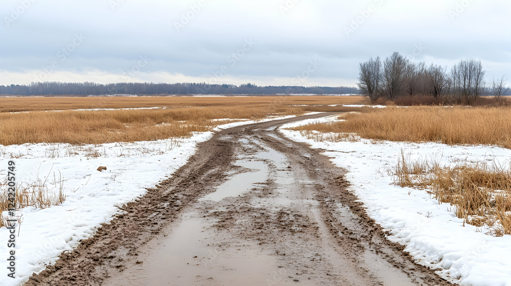 Muddy winter road through snowy field, leading to distant trees. Rural landscape, travel imagery Muddy winter road through snowy field, leading to distant trees. Rural landscape, travel imagery