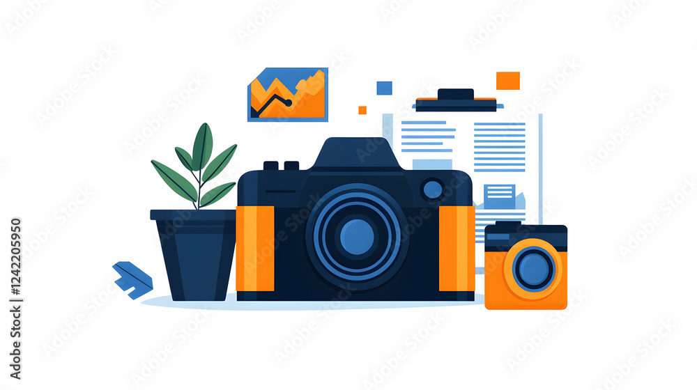 Office desk with cameras, documents, and plant; design concept for photography business Office desk with cameras, documents, and plant; design concept for photography business