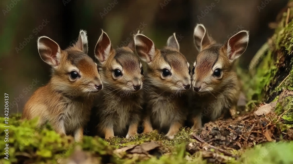 Four adorable baby dik-diks standing in a line looking towards the left