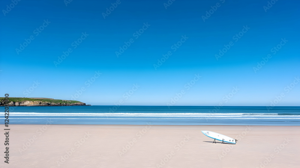 Peaceful beach, surfboard resting, island backdrop, summer day; ideal for travel brochures Peaceful beach, surfboard resting, island backdrop, summer day; ideal for travel brochures