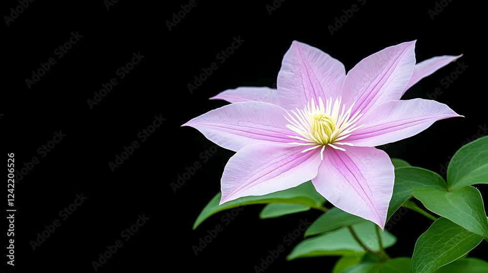 Pink clematis flower blossom on black background, garden plant detail, floral nature photography, ideal for greeting cards