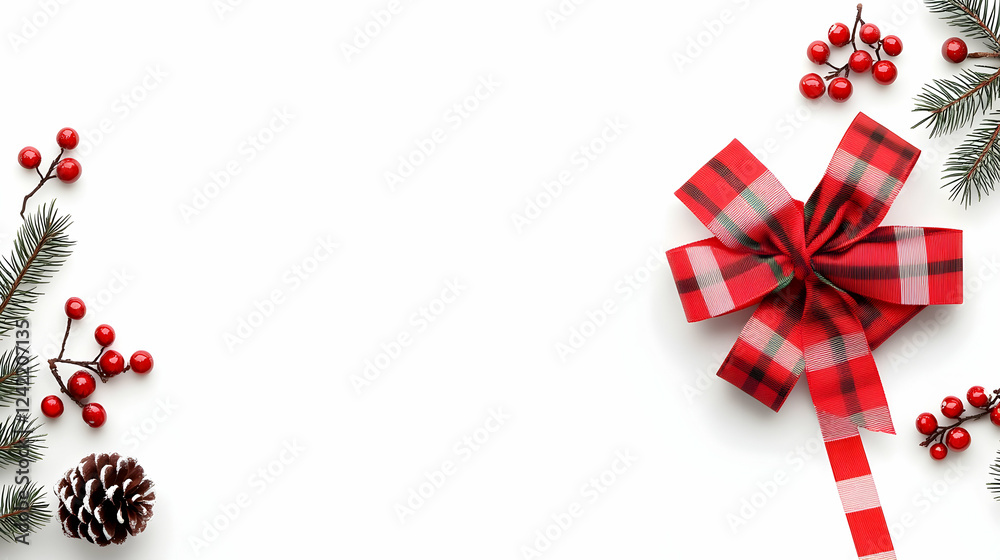 Red plaid gift bow, berries, pine, Christmas, festive background, holiday card Red plaid gift bow, berries, pine, Christmas, festive background, holiday card