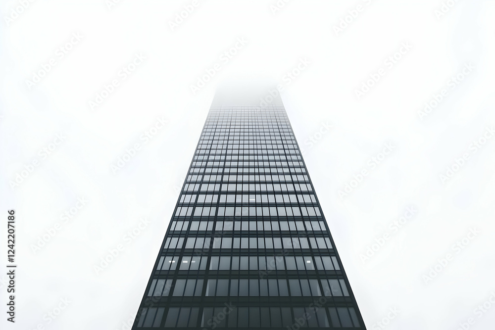 Skyscraper in fog, city view, urban landscape, architectural design, stock photo Skyscraper in fog, city view, urban landscape, architectural design, stock photo
