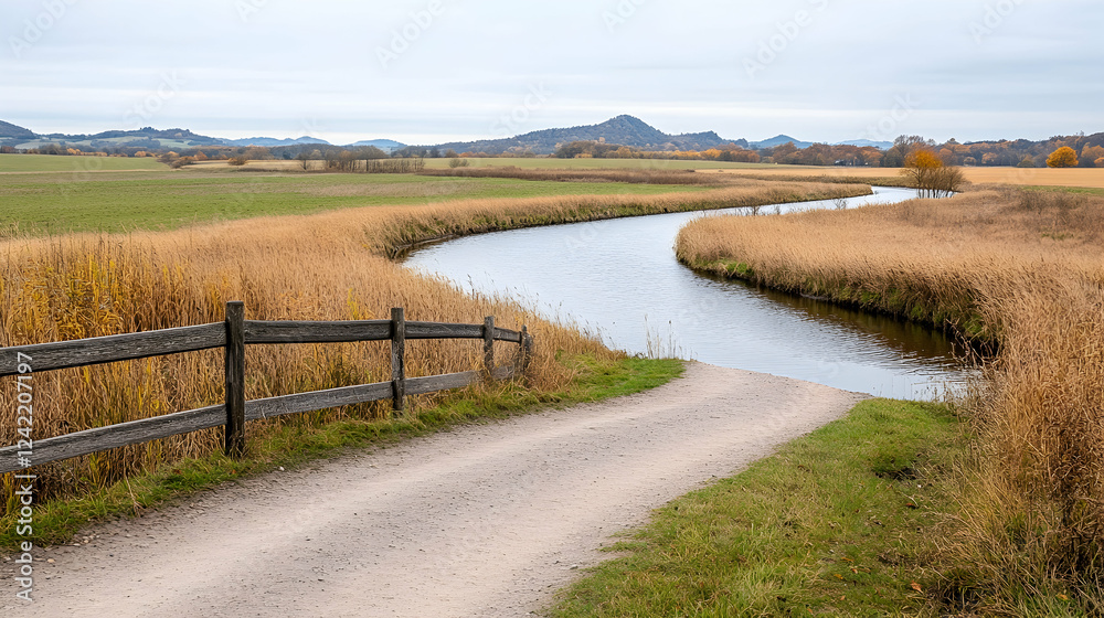 River path autumn landscape, scenic countryside trail, hills background; ideal for travel brochures River path autumn landscape, scenic countryside trail, hills background; ideal for travel brochures