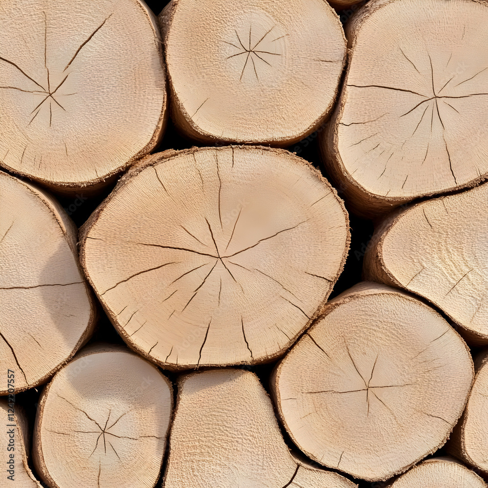 Naklejka premium Stacked wood logs, outdoor sunlight. Texture background