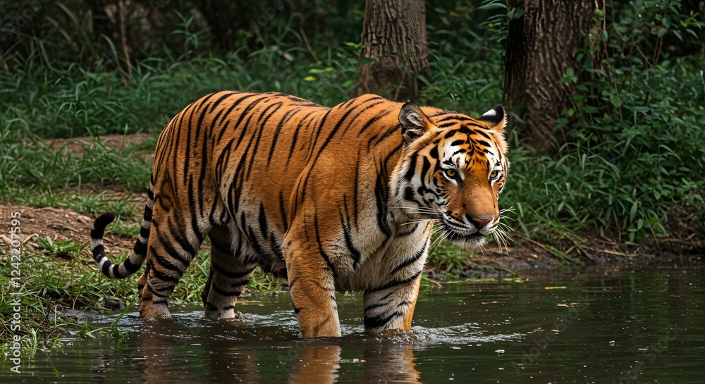 Tiger wading through forest water, ideal for wildlife, nature, or animalthemed designs featuring a majestic big cat in the wild. Tiger wading through forest water, ideal for wildlife, nature, or animalthemed designs featuring a majestic big cat in the wild.