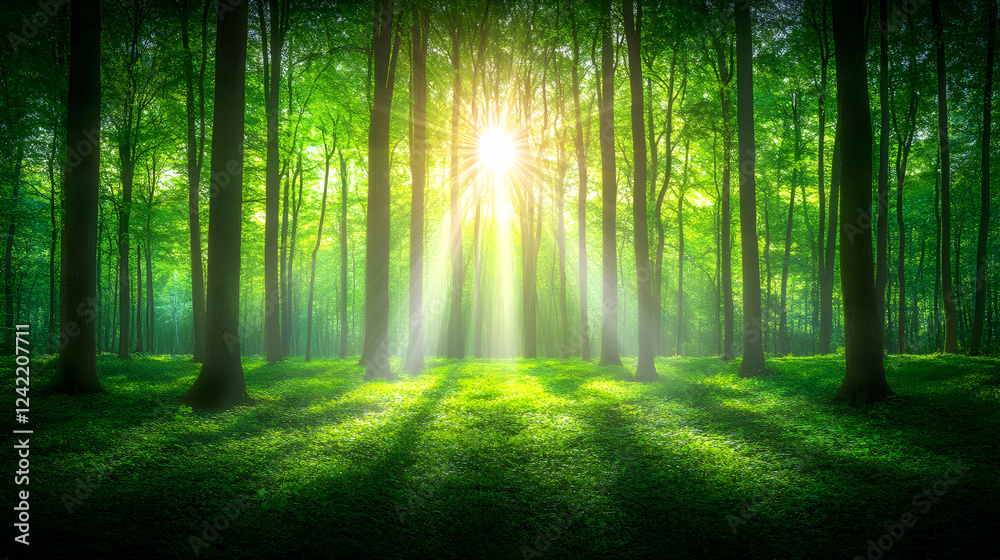 Fototapeta premium Sunbeams in lush green forest (1)