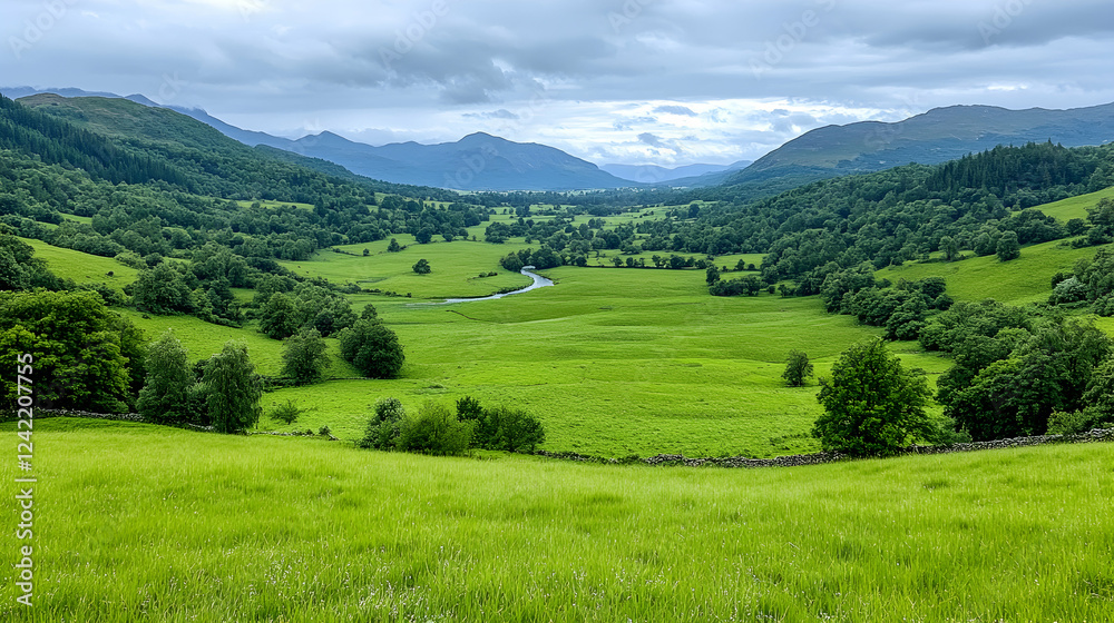 Obraz premium Serene valley landscape, river flowing, green meadows, mountainous backdrop; perfect for travel brochures