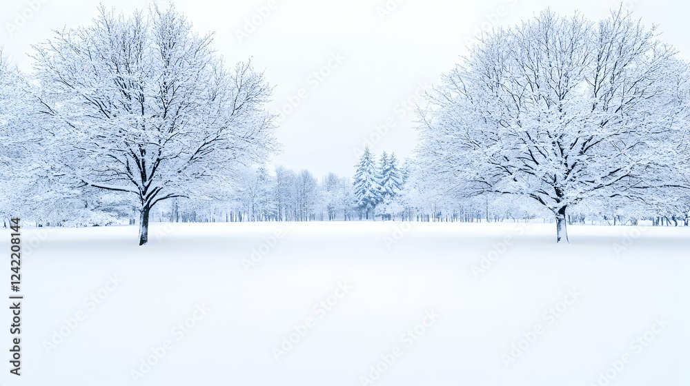 Snow-covered trees in winter park, peaceful landscape. Ideal for winter holiday cards Snow-covered trees in winter park, peaceful landscape. Ideal for winter holiday cards