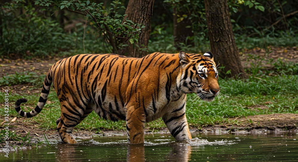 Tiger navigating shallow forest waters, perfect for wildlife enthusiasts, nature publications, educational materials, junglethemed designs, and environmental awareness campaigns. Tiger navigating shallow forest waters, perfect for wildlife enthusiasts, nature publications, educational materials, junglethemed designs, and environmental awareness campaigns.