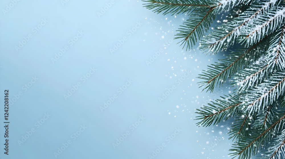 Obraz premium Snowy fir branch border on blue background; winter holiday design