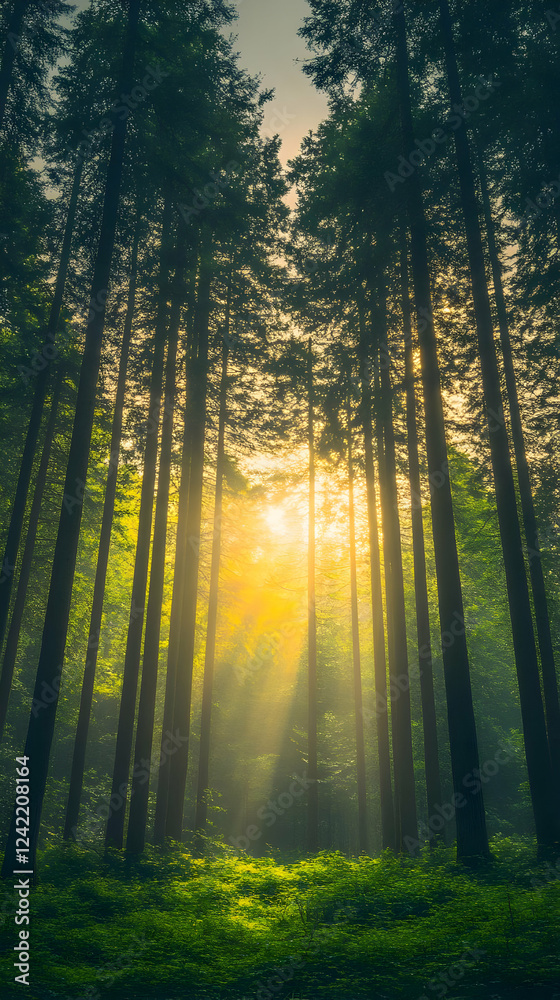 Naklejka premium Sunbeams through misty forest trees