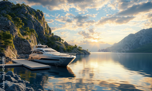Luxury Yacht Anchored Beside a Private Dock Surrounded by Clear Waters, Offering Ultimate Relaxation