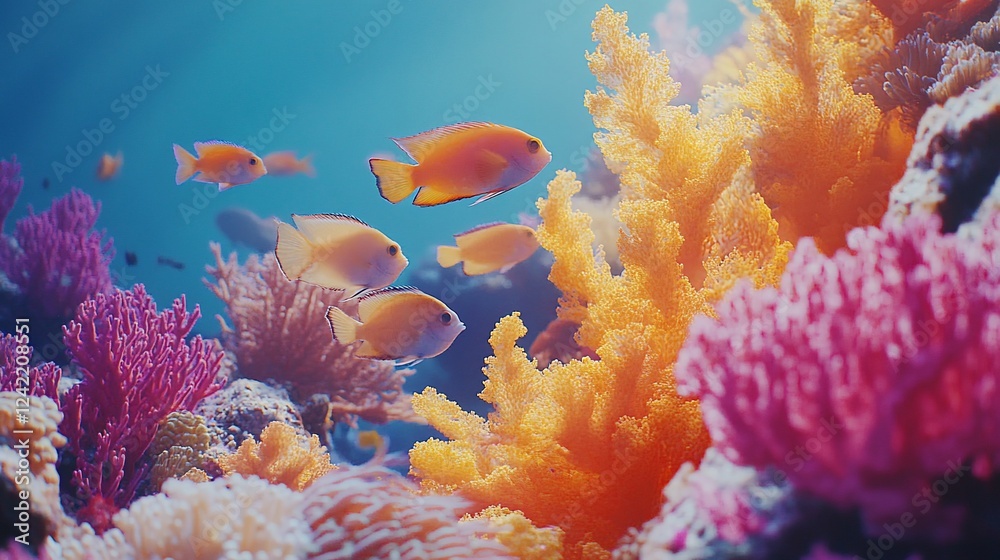 Naklejka premium Vibrant underwater scene showcasing colorful coral reefs and tropical fish swimming peacefully