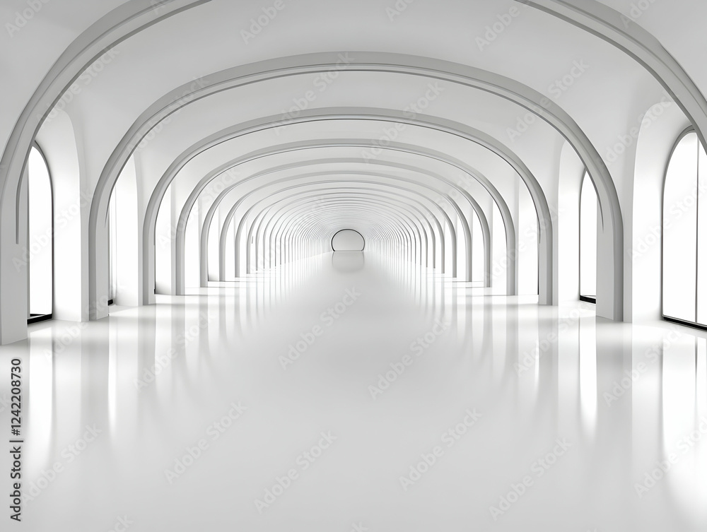 Fototapeta premium White arched hallway, perspective, light. Architecture design