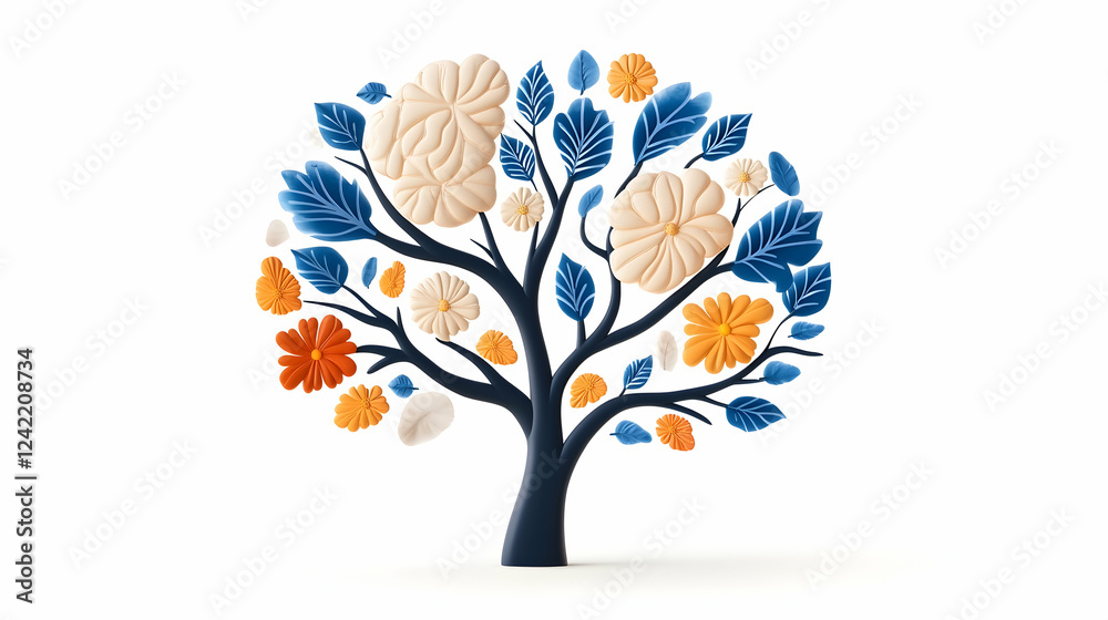 Fototapeta premium Stylized floral tree illustration, isolated on white, spring background, for design