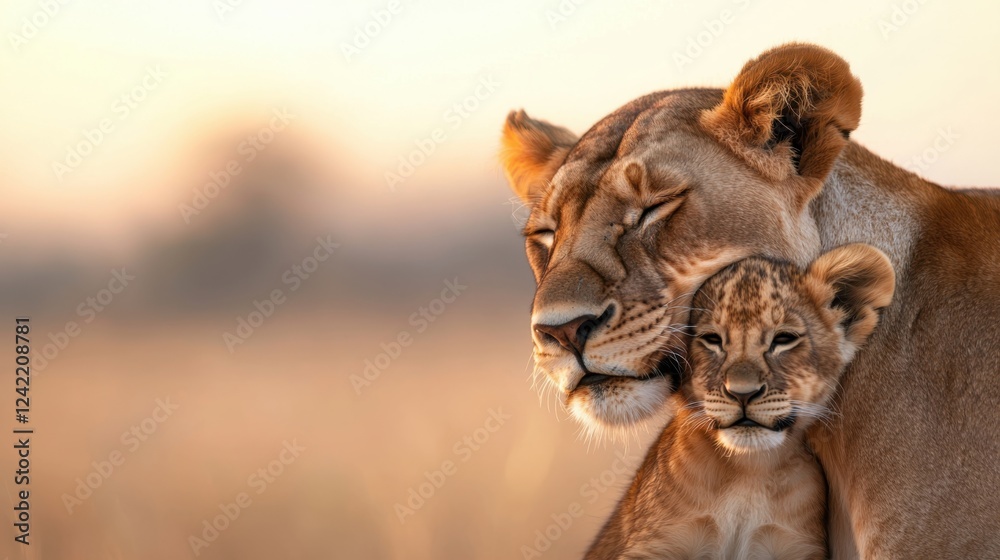 Obraz premium Tender and Affectionate Lioness Gently Licking and Embracing Her Adorable Cub in a Serene Savanna Landscape of the African Safari