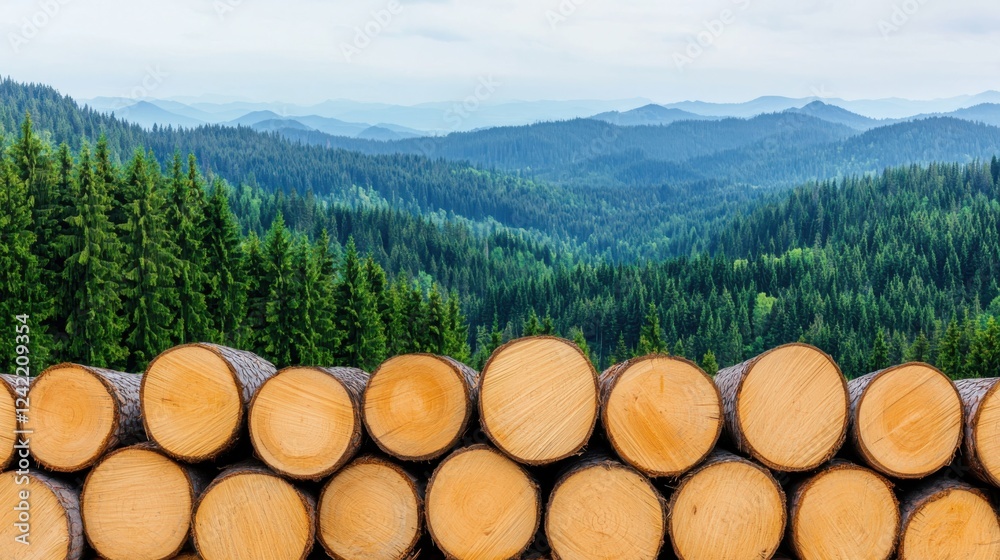 Tranquil and scenic mountain valley with a pile of stacked logs nestled among the dense lush coniferous forest landscape Tranquil and scenic mountain valley with a pile of stacked logs nestled among the dense lush coniferous forest landscape