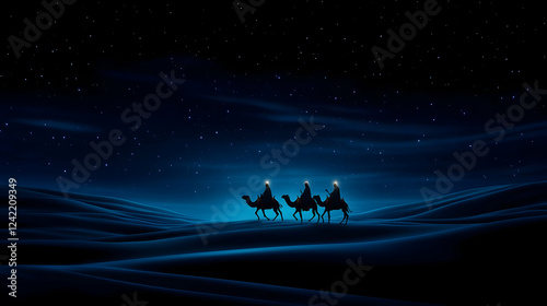 Three Wise Men camel journey, starry night desert, Christmas nativity scene, holiday card photo