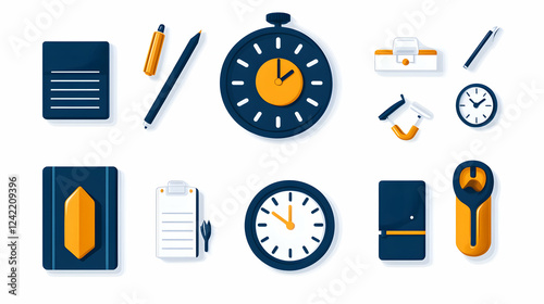 Time management icons; office supplies; productivity; white background; website design