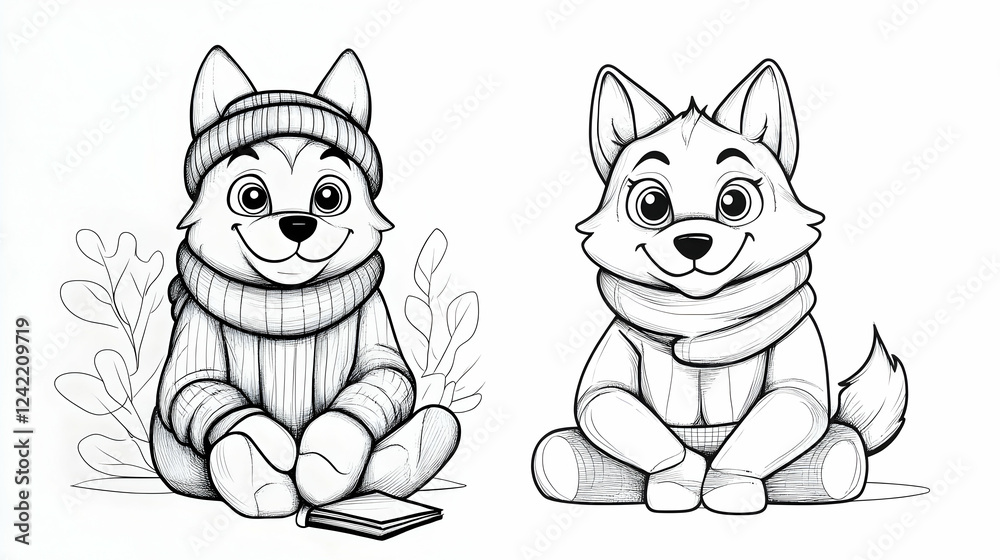Obraz premium Two cute cartoon dogs in winter clothes reading, sitting amidst foliage. Perfect for children's books or winter-themed designs