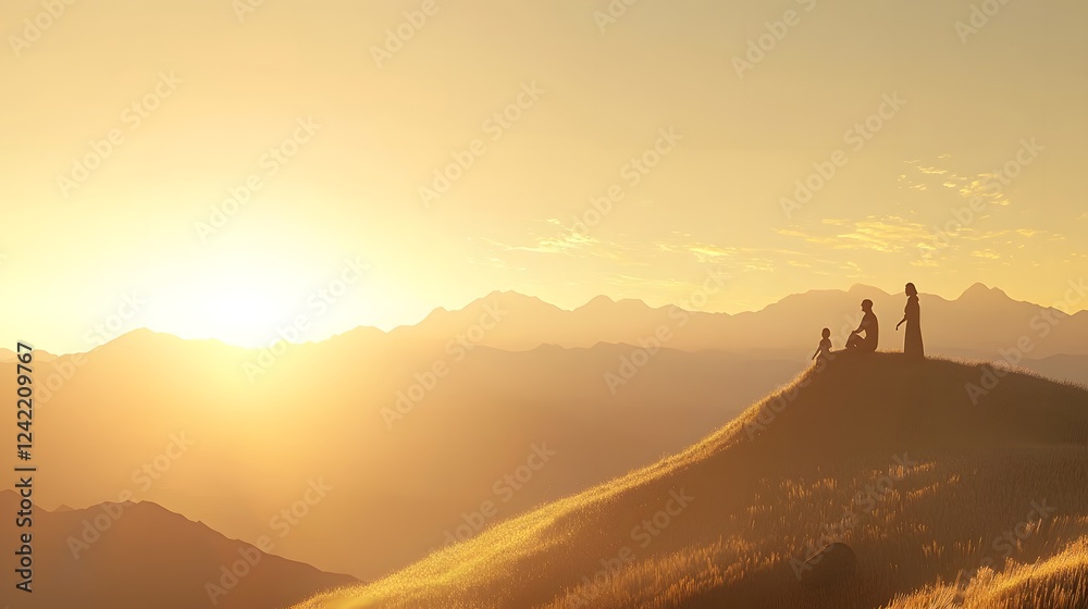Carefree family enjoying playtime together in a scenic golden field with lush greenery under a vibrant and warm light in a 3D digital Carefree family enjoying playtime together in a scenic golden field with lush greenery under a vibrant and warm light in a 3D digital