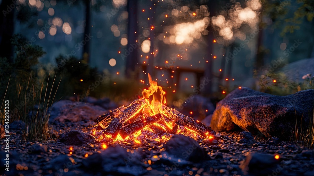 Glowing embers of a crackling campfire in the dusk forest scene Glowing embers of a crackling campfire in the dusk forest scene