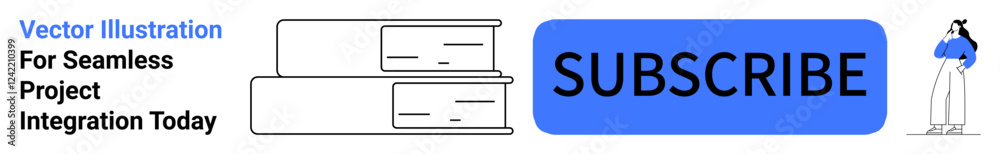 Stack of organized books beside a blue subscription button with a character standing, symbolizing education, knowledge, learning resources, digital subscription, publishing, and information sharing Stack of organized books beside a blue subscription button with a character standing, symbolizing education, knowledge, learning resources, digital subscription, publishing, and information sharing