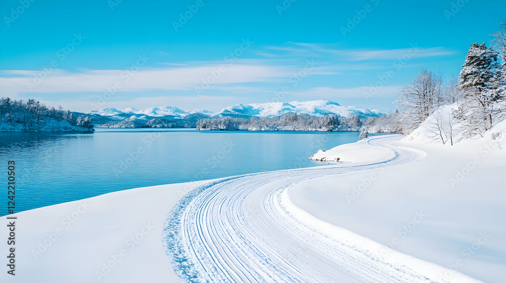 Obraz premium Winter cross-country skiing trail along a snowy lake, mountains in the background. Ideal for travel or winter sports brochures