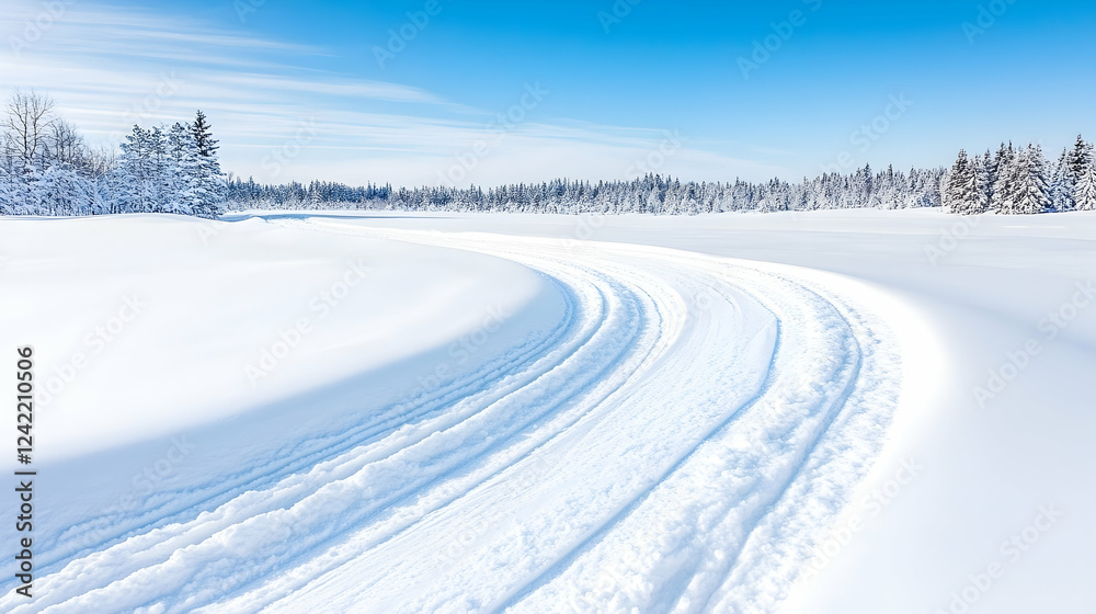 Winter cross-country ski trail curves through snowy forest landscape, sunny day