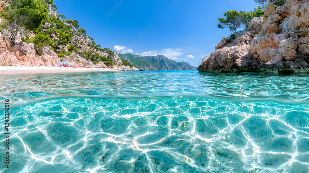 Fototapeta premium Secluded beach cove, turquoise water, rocky cliffs, sunny day, travel