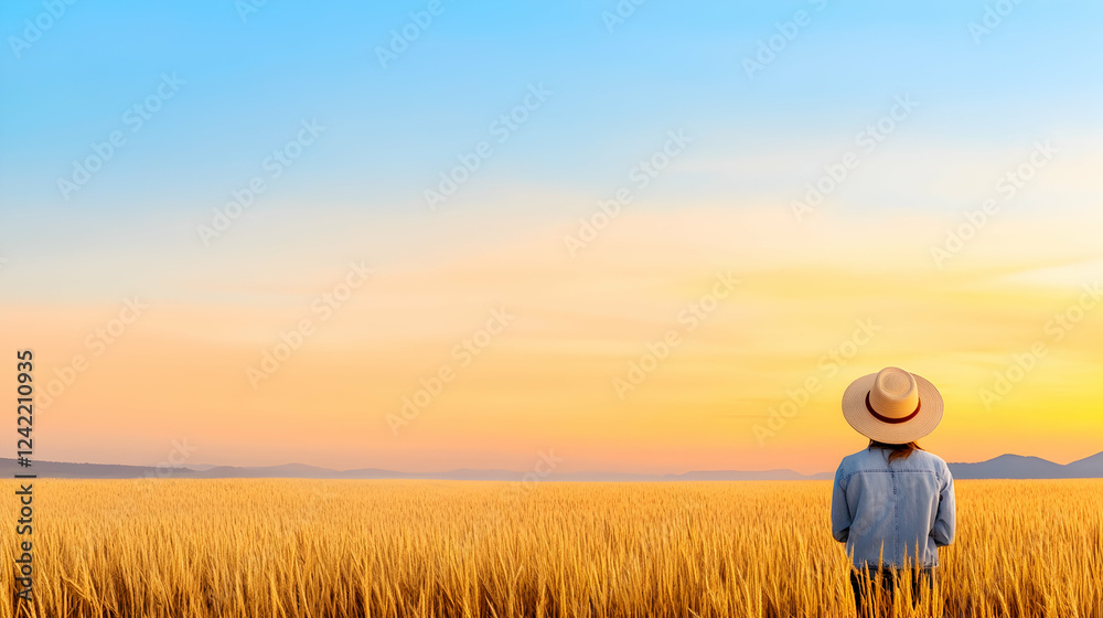 Woman in wheat field sunset, enjoying rural landscape, peaceful evening, agriculture Woman in wheat field sunset, enjoying rural landscape, peaceful evening, agriculture
